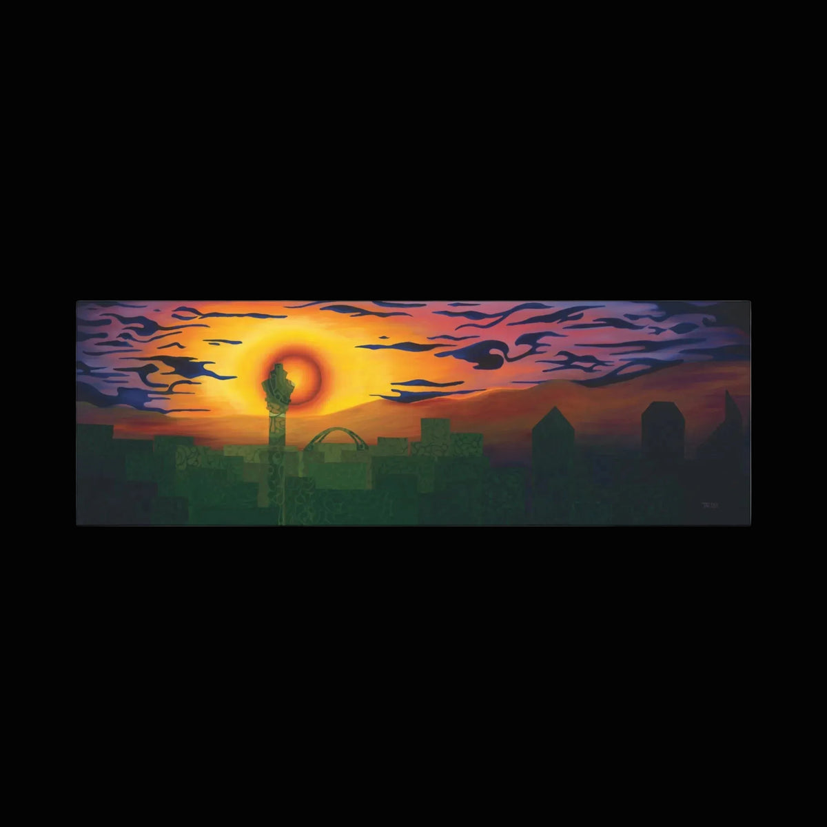 A panoramic canvas print depicting a stylized sunset over a city skyline, featuring a bright orange and yellow sun, purple and pink clouds, and dark green silhouettes, shown against a plain white background.